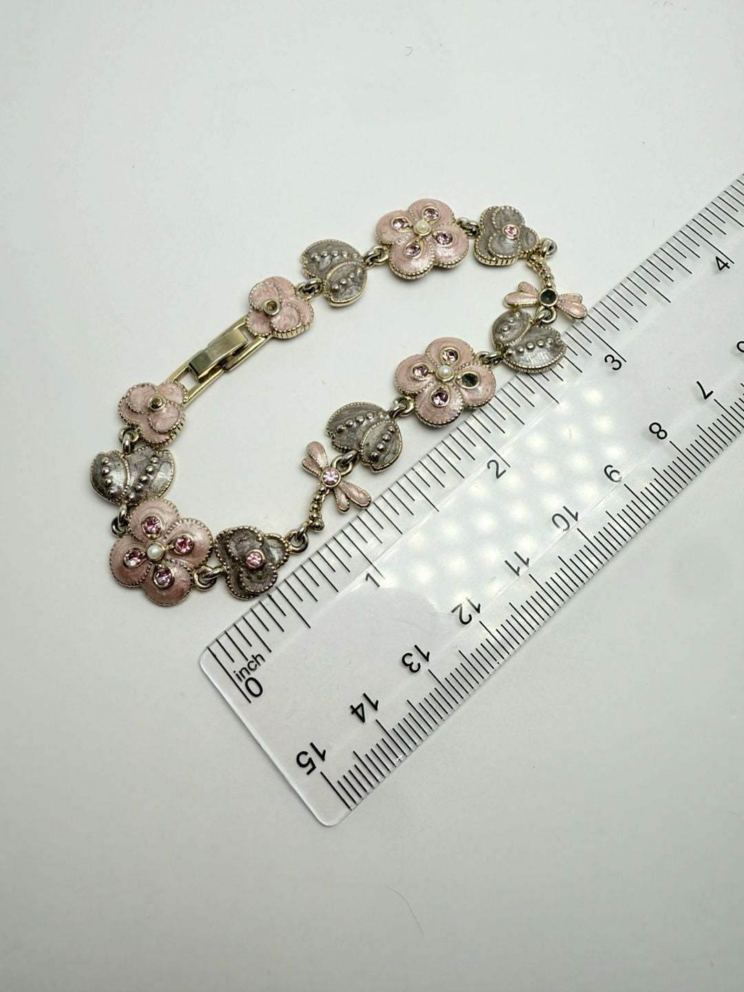 Monet Flower Butterfly Charm Bracelet Pink Enamel Rhinestone Silver Tone 10