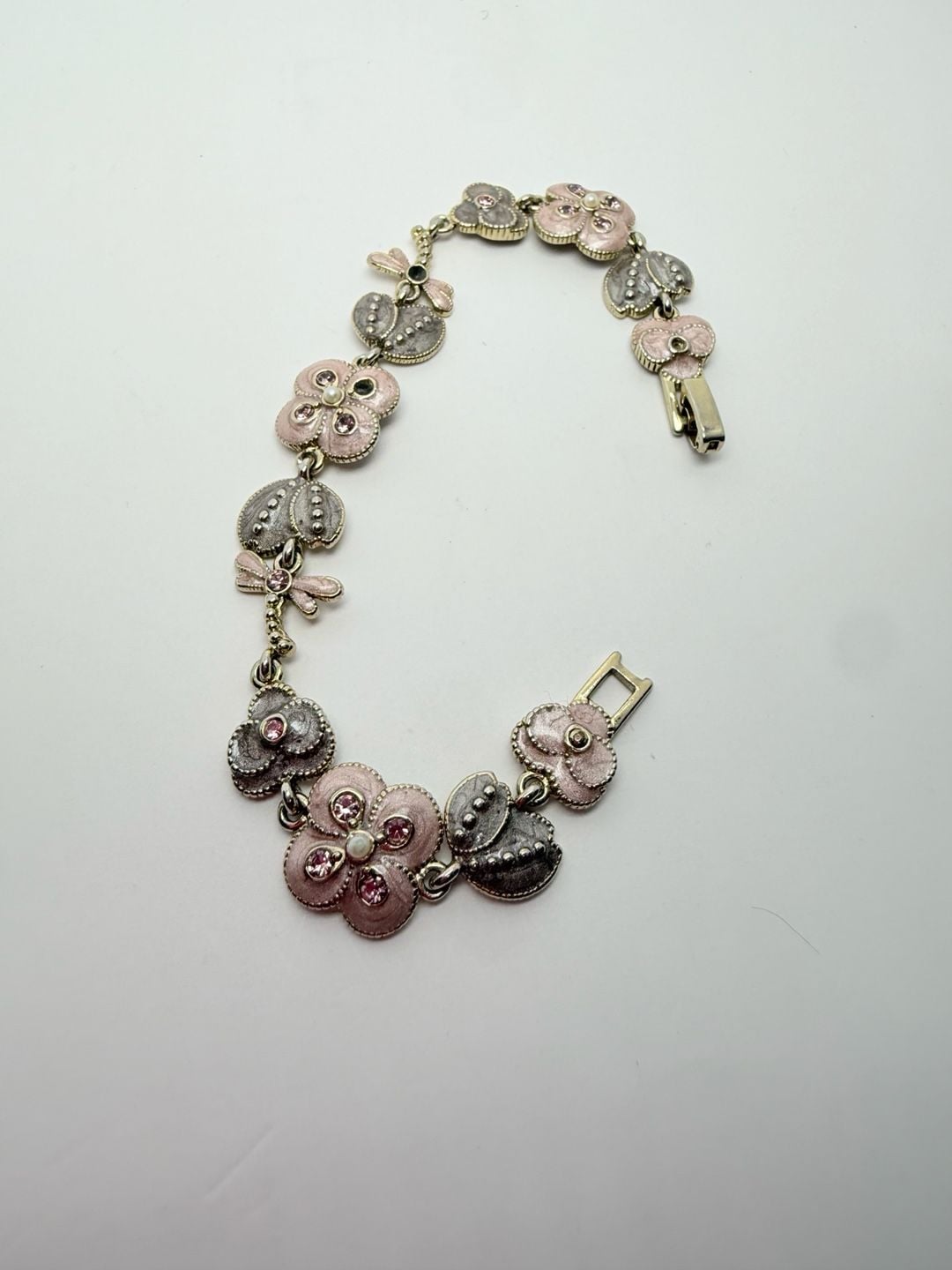 Monet Flower Butterfly Charm Bracelet Pink Enamel Rhinestone Silver Tone 12