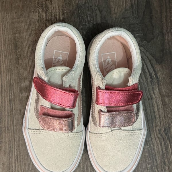 Vans Old Skool V Glitter Two Tone Sneakers Size 12.0 Kids White Pink Velcro