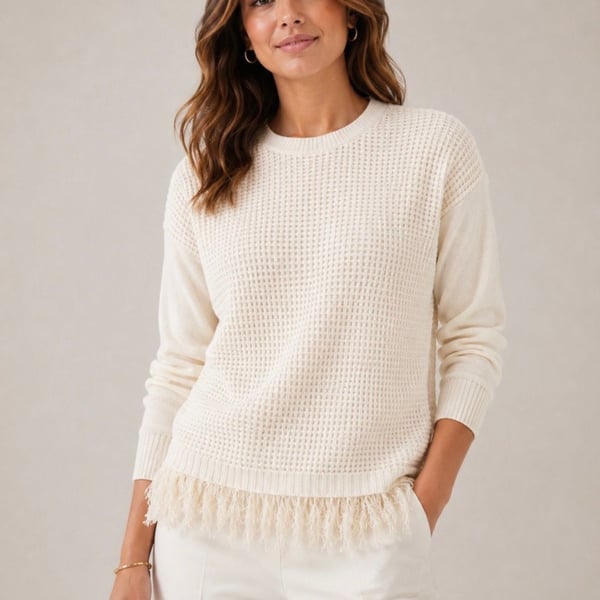Michael Kors Cream Fringe Hem Waffle Knit Sweater Size S