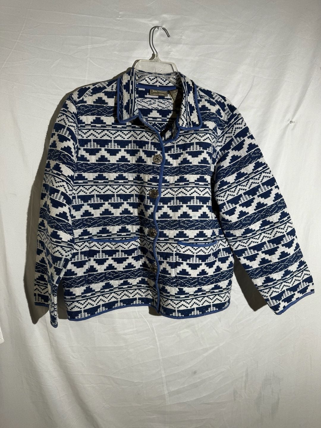 Jane Ashley Womens Jacket Tapestry Aztec Cotton Button Blue White Large 2
