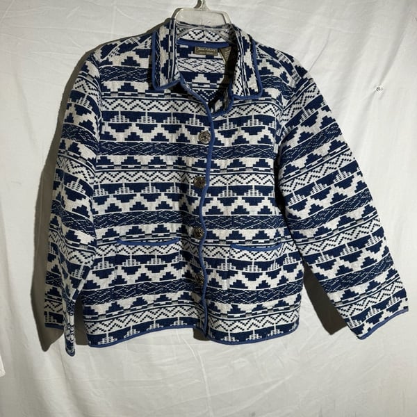 Jane Ashley Womens Jacket Tapestry Aztec Cotton Button Blue White Large