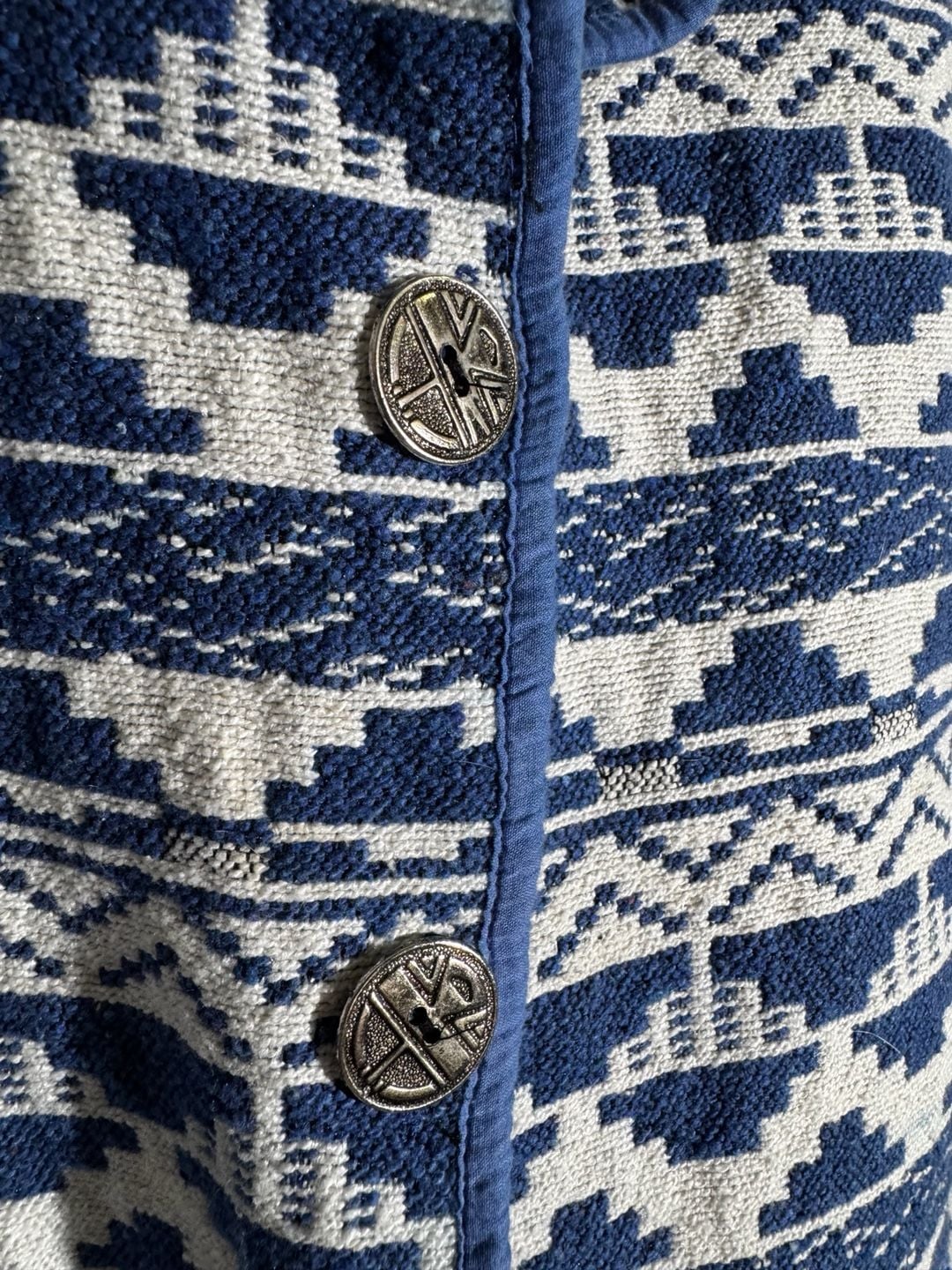 Jane Ashley Womens Jacket Tapestry Aztec Cotton Button Blue White Large 3