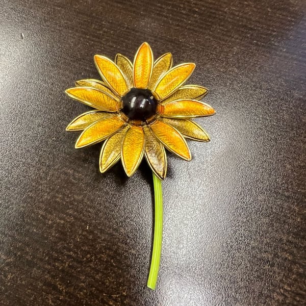 Vintage Enamel Flower Pin or Brooch, Sunflower, Brown Eyed Susan Made in Germany