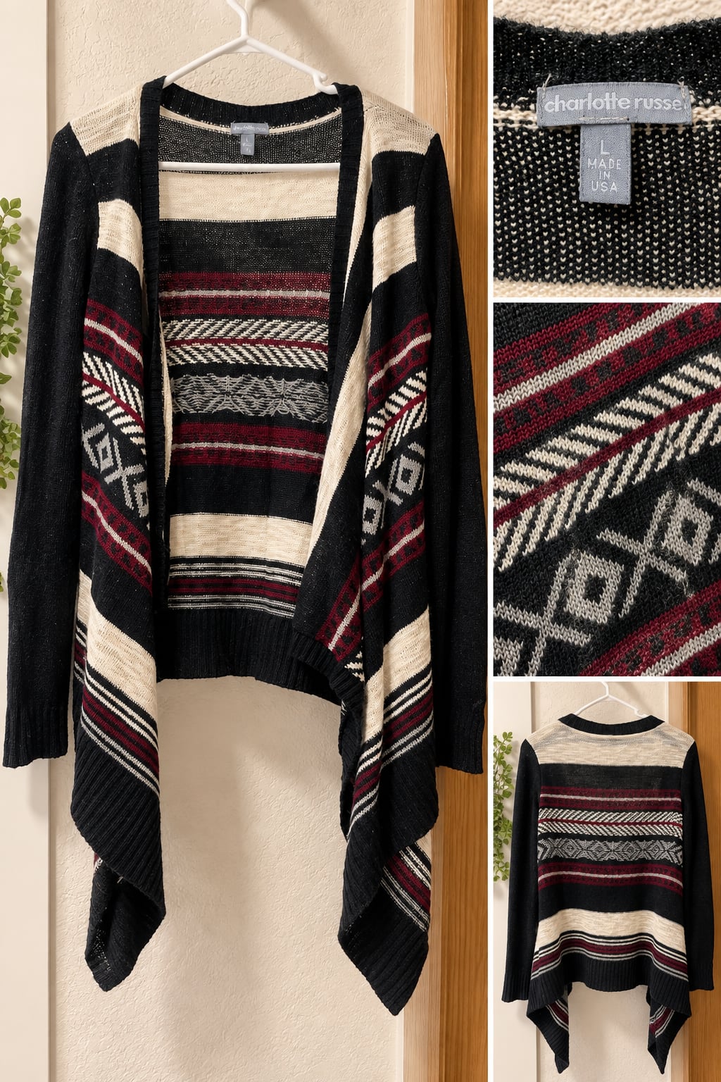 Charlotte Russe Aztec Open Cardigan Size L Black Red White 2