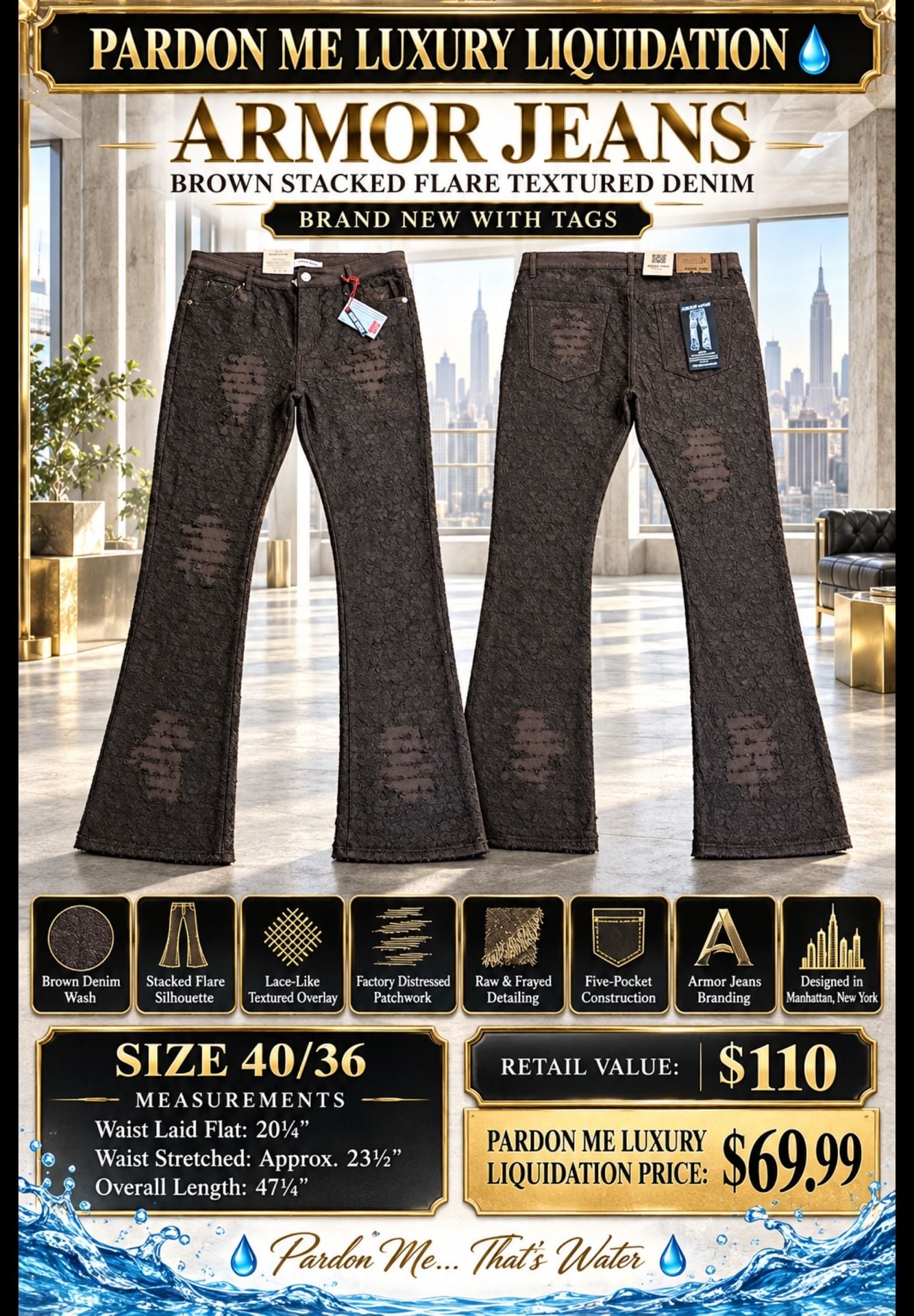Armor Jeans Brown Stacked Flare Textured Distressed Denim 2