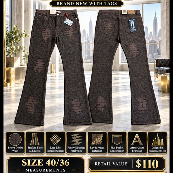 Armor Jeans Brown Stacked Flare Textured Distressed Denim