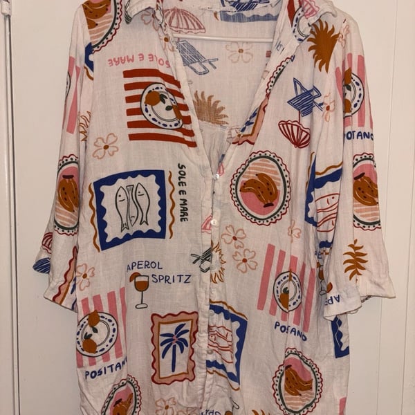 Anthropologie’s Label Of Love Button-Front Tunic Size M Aperol Spritz Print