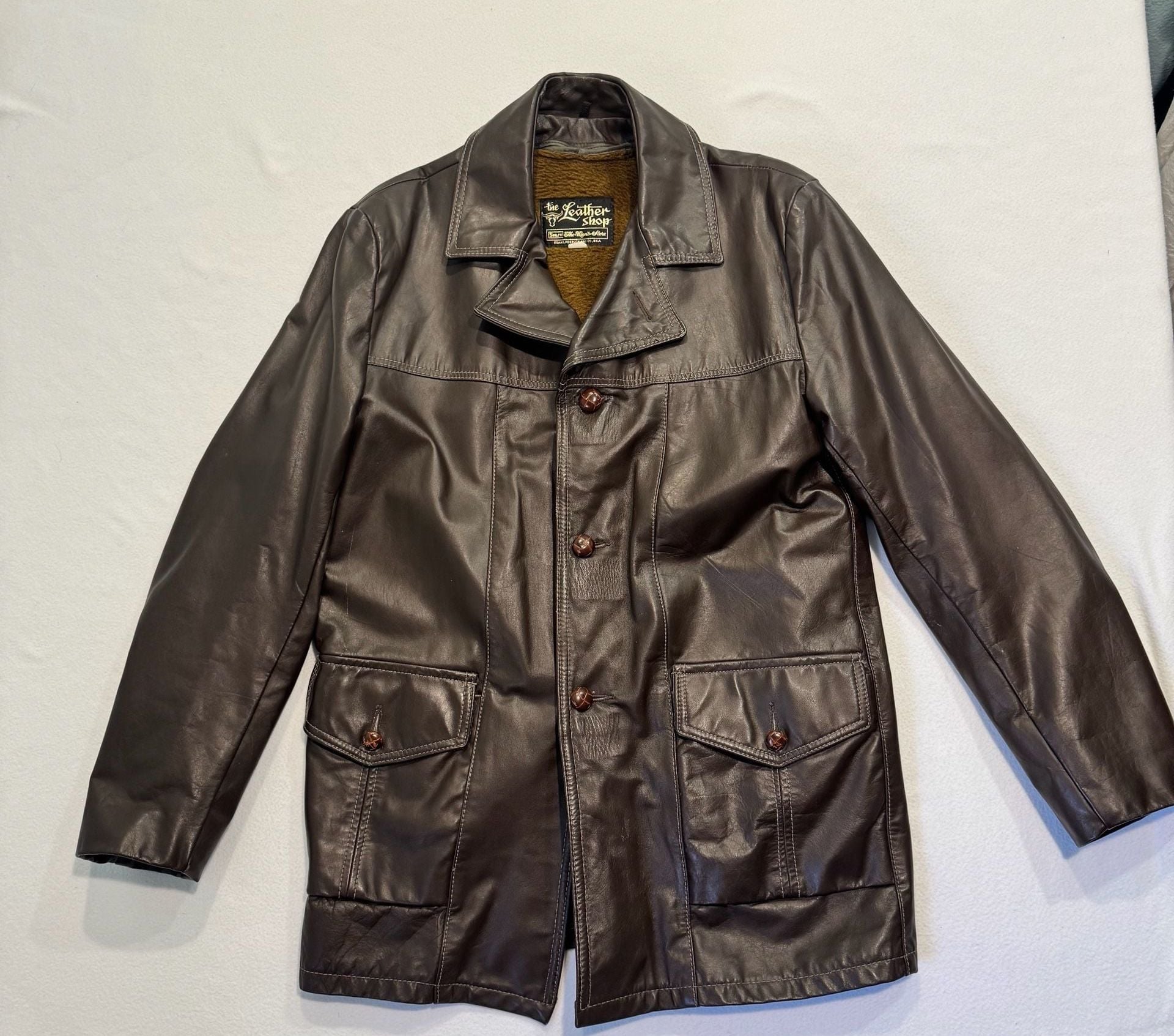 Vintage 70s Sears The Leather Shop Brown Leather Coat Men’s 40 Zip-Out Liner 2