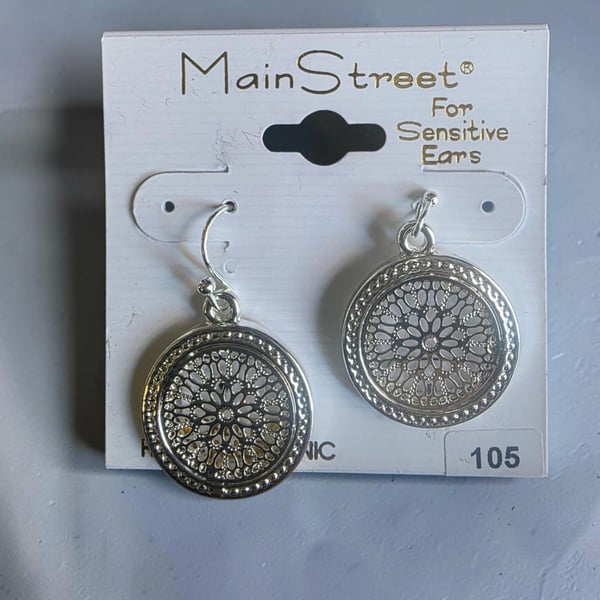 Main Street Boho Circle Filigree Drop Earrings 105 Silver Tone