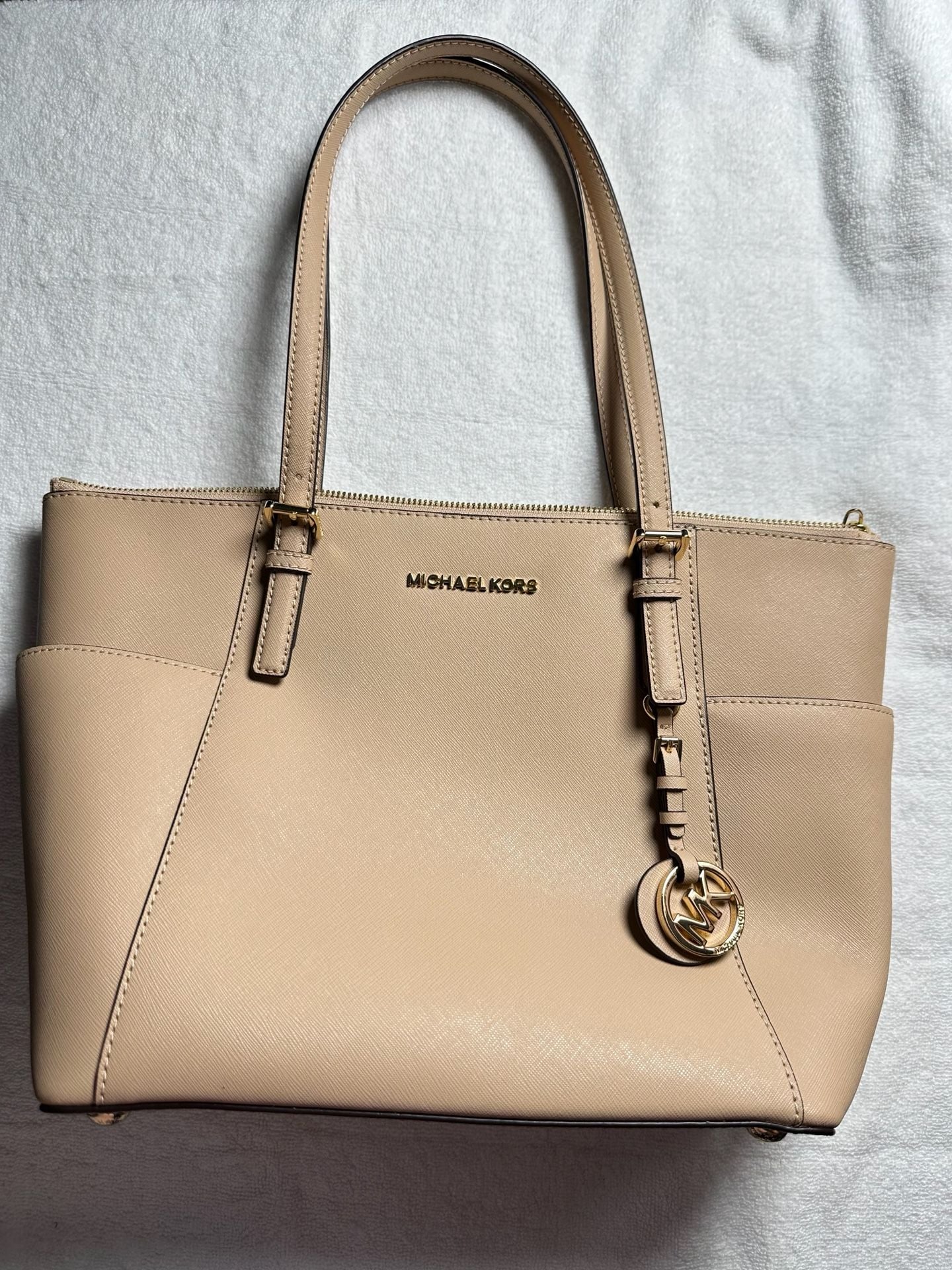 Michael Kors Jet Set East West Top Zip Tote Bag Beige Leather 2