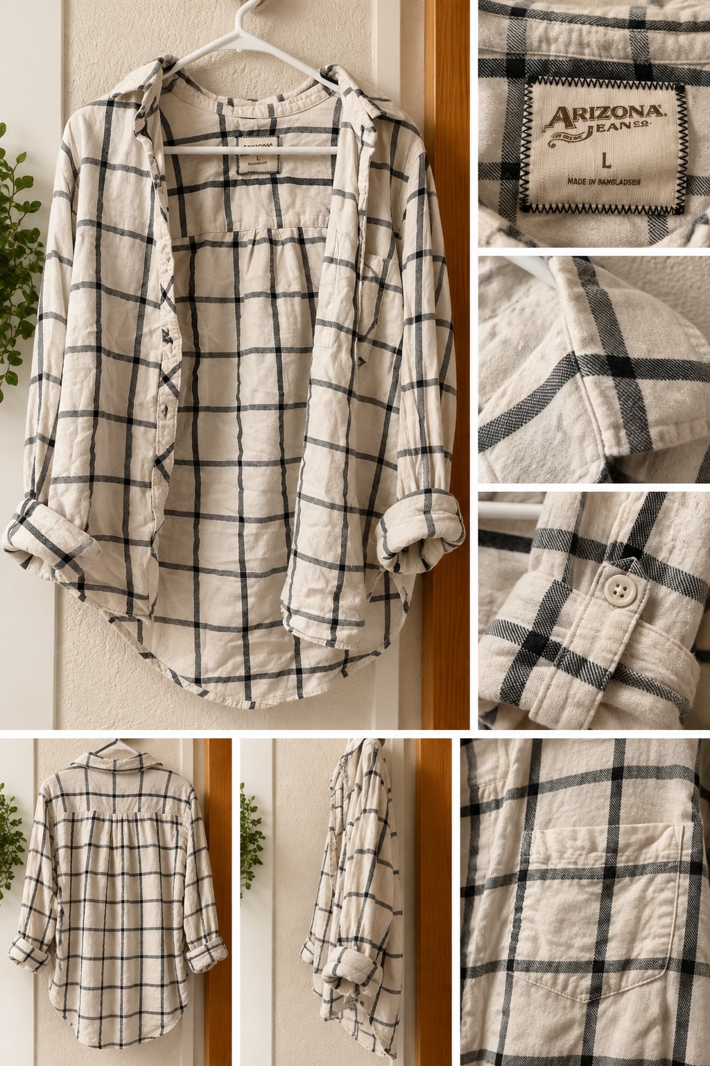 Arizona Plaid Button Down Shirt Cream Black Long Sleeve 2
