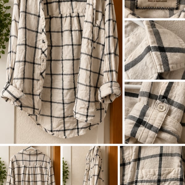 Arizona Plaid Button Down Shirt Cream Black Long Sleeve