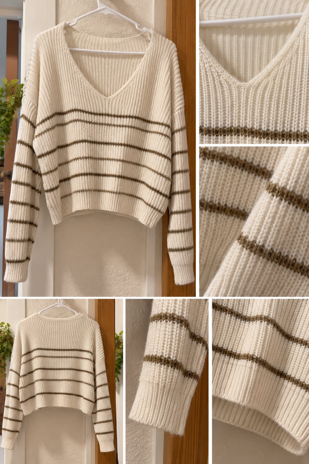 SHEIN Striped V-Neck Cropped Knit Sweater Beige 2