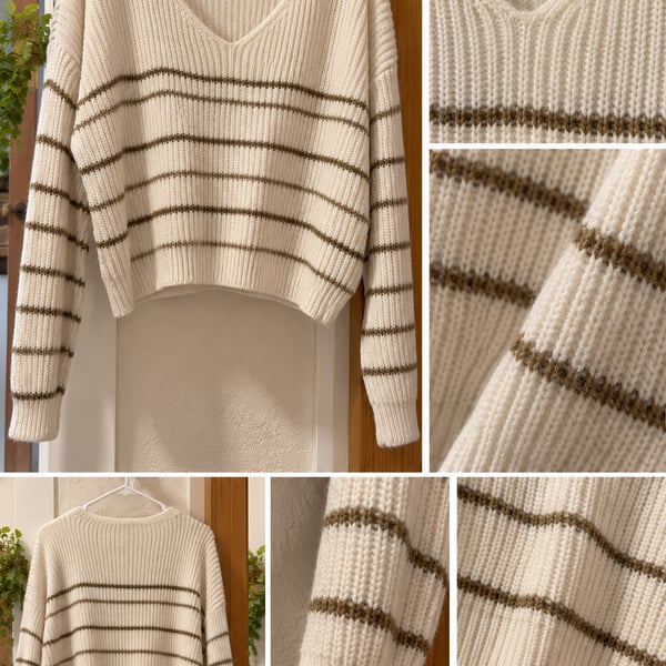 SHEIN Striped V-Neck Cropped Knit Sweater Beige
