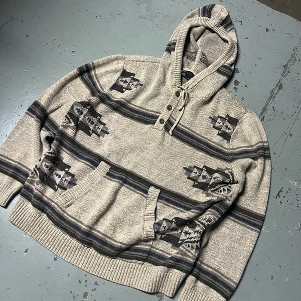 Pendleton Hooded Cardigan Size Medium Beige Aztec Pattern Knit Sweater