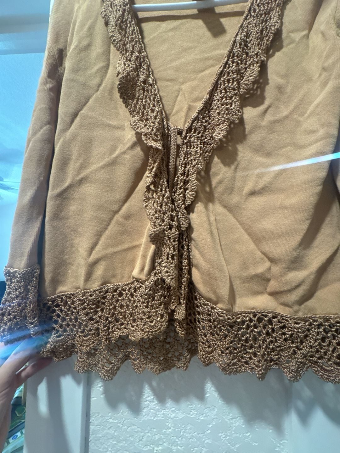 Joseph A. Cardigan Size XL Camel Brown Crochet Trim Open Front Sweater 4
