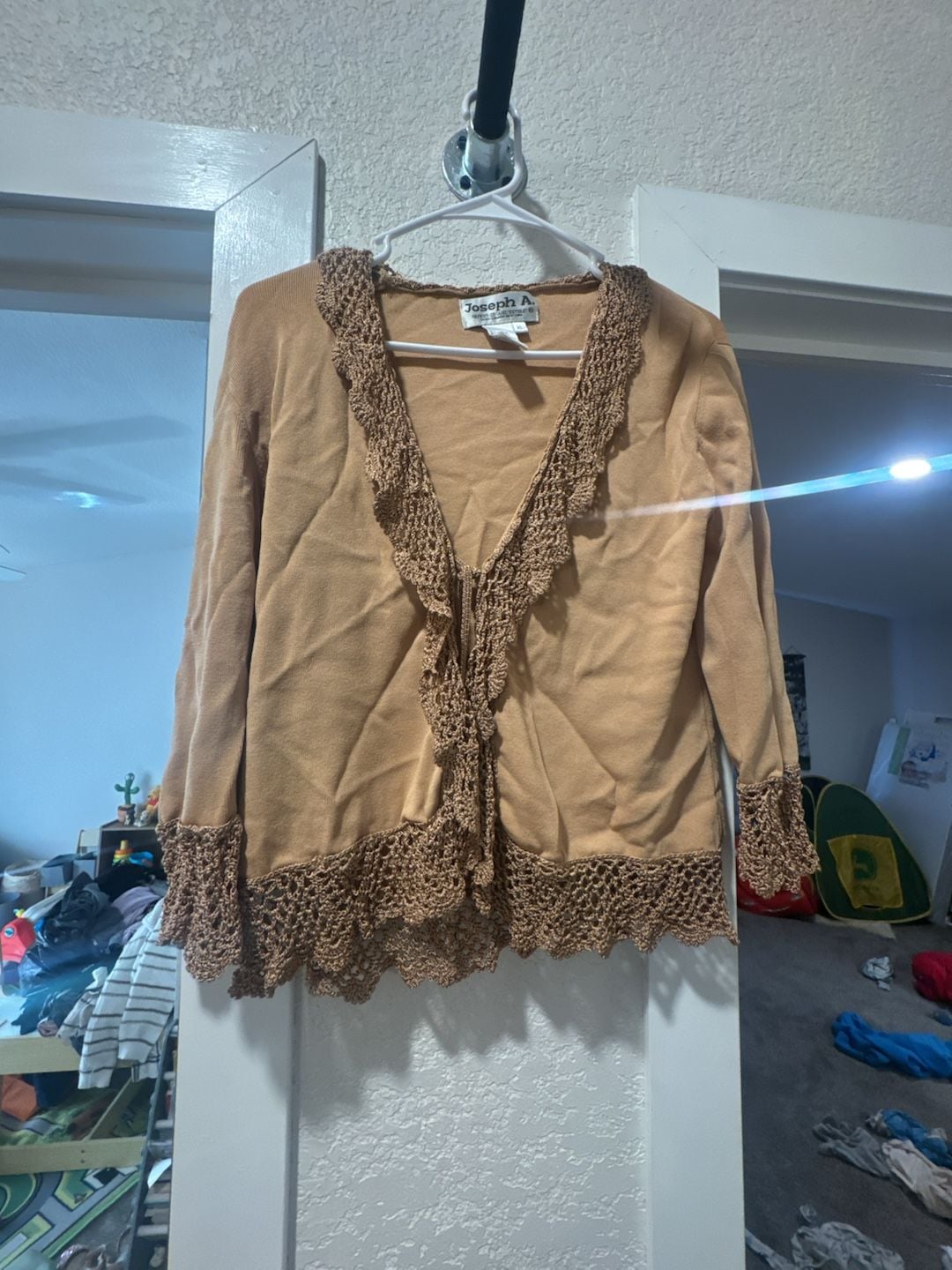 Joseph A. Cardigan Size XL Camel Brown Crochet Trim Open Front Sweater 6