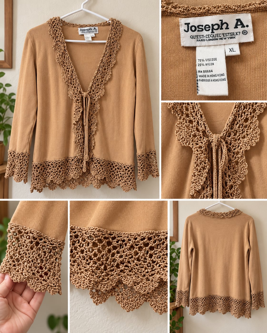 Joseph A. Cardigan Size XL Camel Brown Crochet Trim Open Front Sweater 2