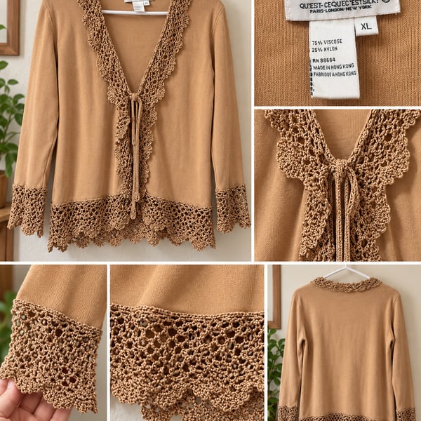Joseph A. Cardigan Size XL Camel Brown Crochet Trim Open Front Sweater