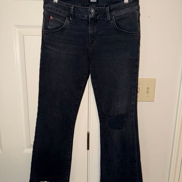Hudson Jeans Collin Mid-Rise Bootcut Crop Distressed Raw Hem Denim Size 29 Black
