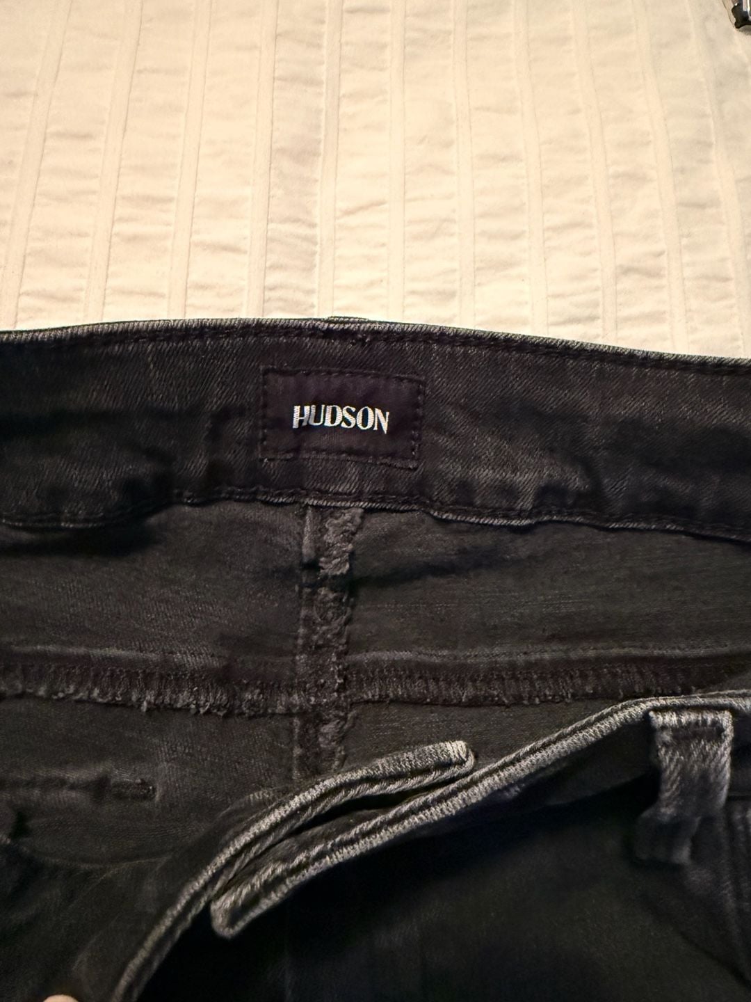 Hudson Jeans Collin Mid-Rise Bootcut Crop Distressed Raw Hem Denim Size 29 Black 8