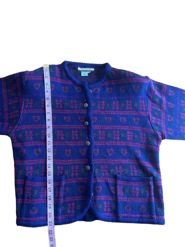 Bryn Connelly Cardigan Sweater M Purple Fair Isle Heart Floral Button Front 8