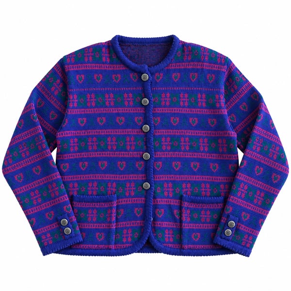 Bryn Connelly Cardigan Sweater M Purple Fair Isle Heart Floral Button Front