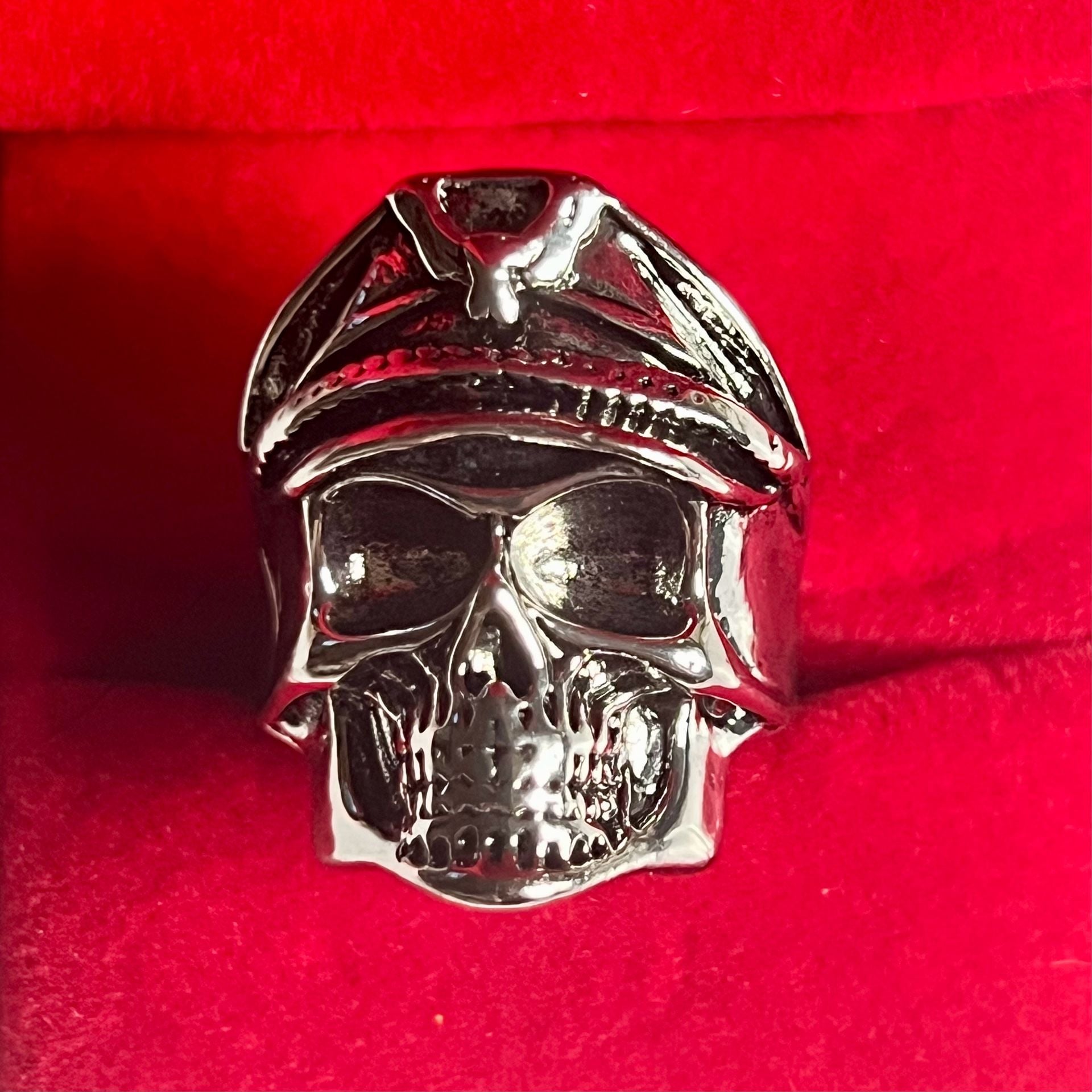 Vintage Skull Wearing Officer Cap Ring Gothic Punk Adjustable Ring Size 9-14 2
