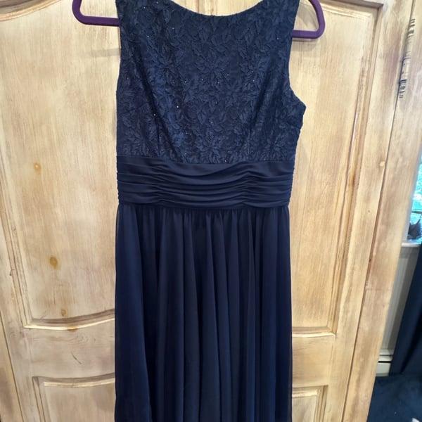 JH Evenings Dress Size 10 Navy Blue Lace Bodice Chiffon Midi Formal