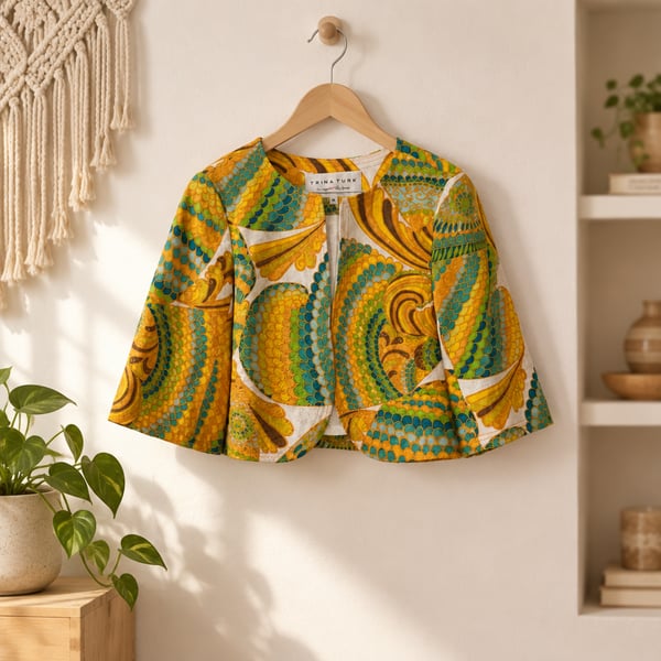 Trina Turk Los Angeles Palm Springs Yellow Green Floral Print Crop Jacket Size 6