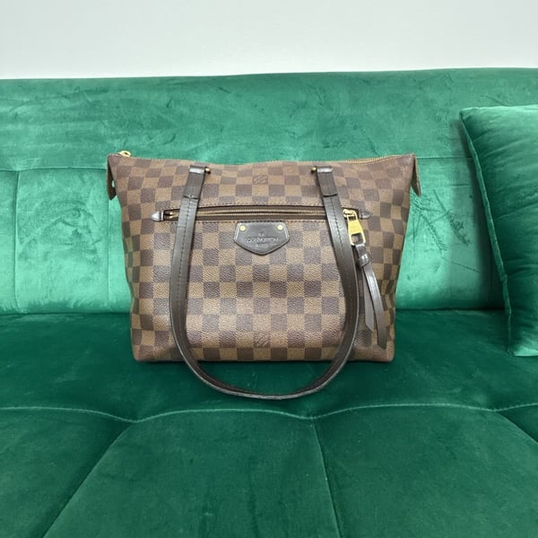 Louis Vuitton Damier Ebene Iena shoulder bag crafted in the signature brown checkerboard coated canvas with gold-tone hardware and a front zippered pocket.