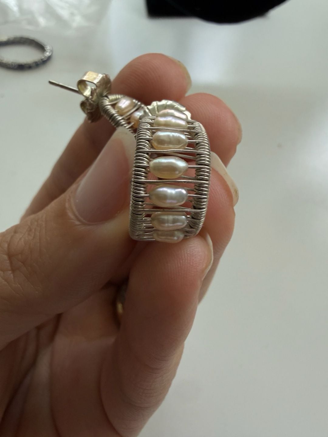 Sterling Silver Modernist Biwa Pearl Wire Wrapped Clip Earrings 2