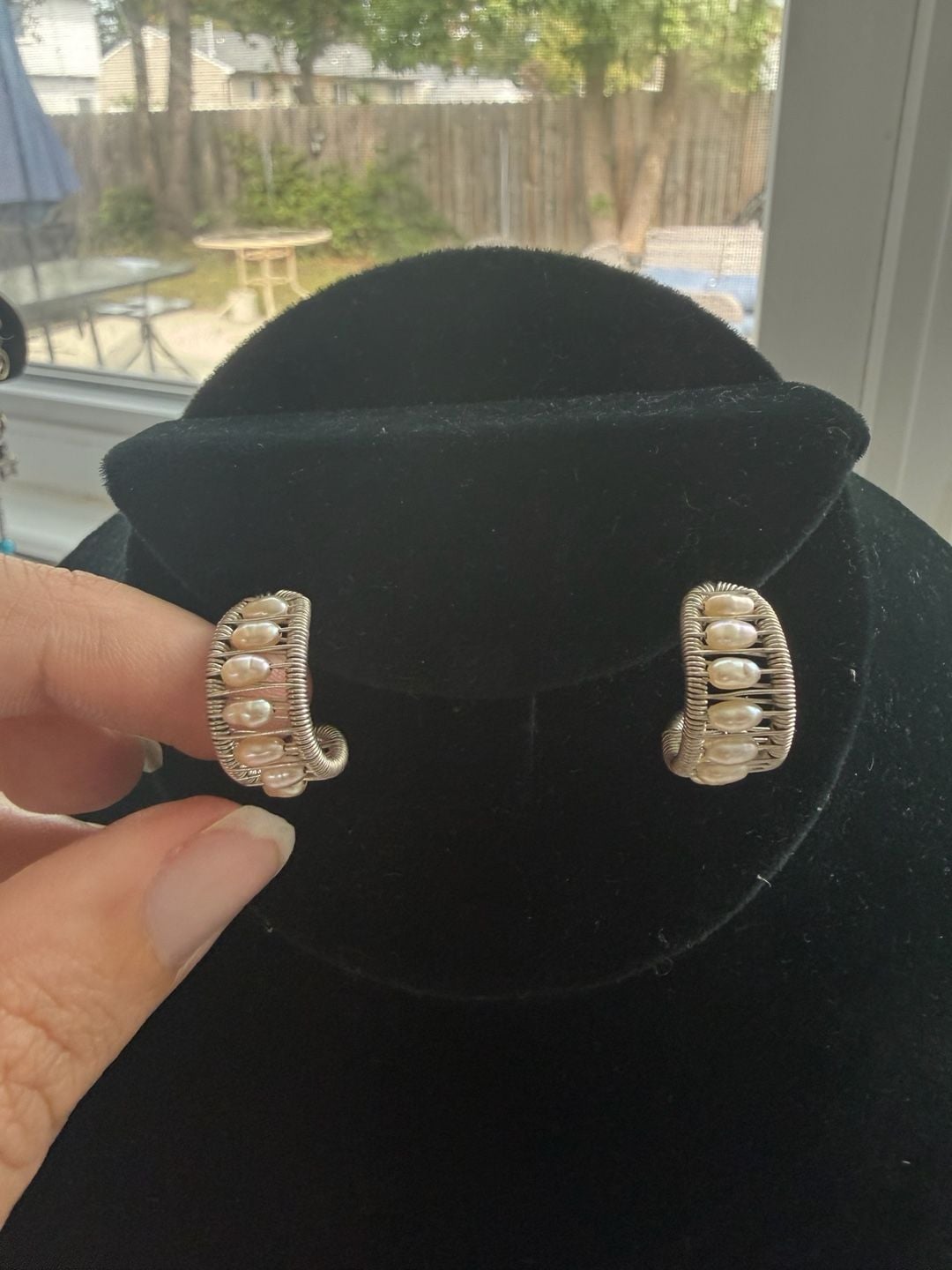 Sterling Silver Modernist Biwa Pearl Wire Wrapped Clip Earrings 3