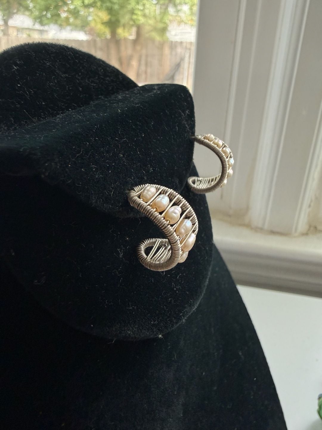 Sterling Silver Modernist Biwa Pearl Wire Wrapped Clip Earrings 4