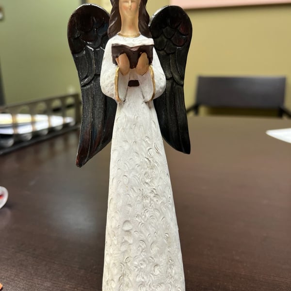 Resin Angel Figurine Holding Bible With Black Wings