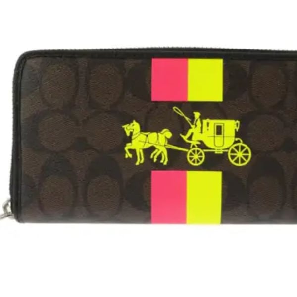 Coach Signature Zip Around Wallet Brown Neon Horse And Carriage