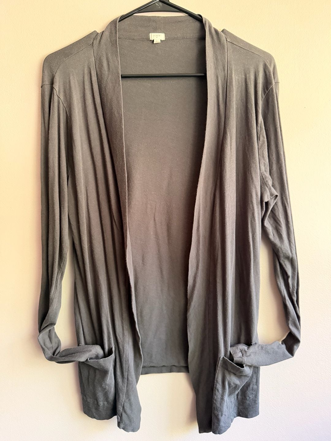 J.Crew Open Front Cardigan Size L Gray Cotton Pockets 2