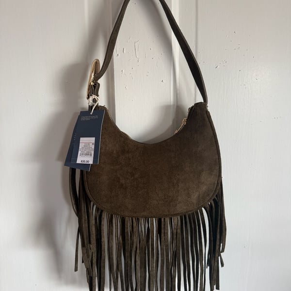 Universal Thread Suede Fringe Hobo Shoulder Bag Brown New