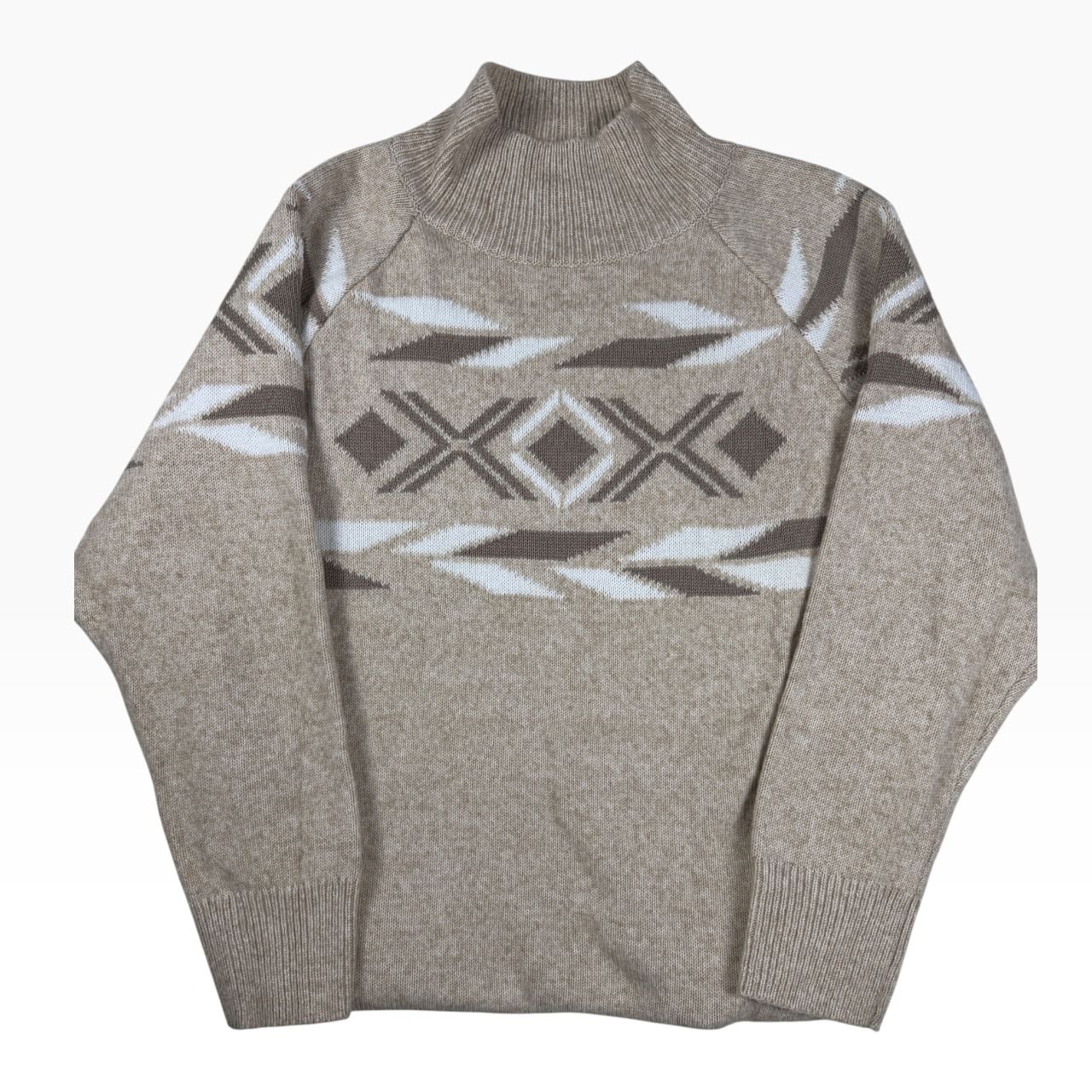 Tan Mock Neck Sweater Fair Isle Pattern XL 2