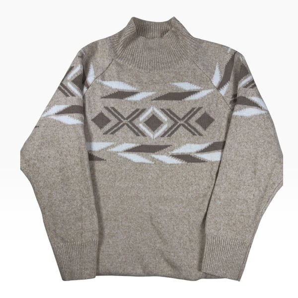 Tan Mock Neck Sweater Fair Isle Pattern XL