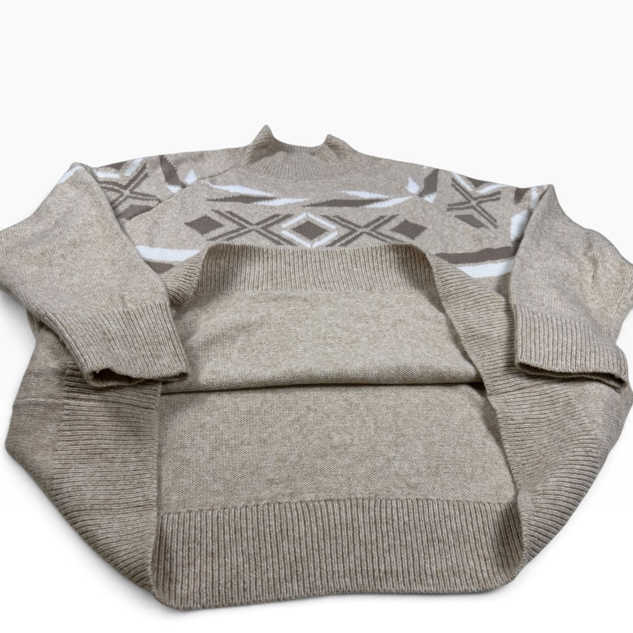 Tan Mock Neck Sweater Fair Isle Pattern XL 3