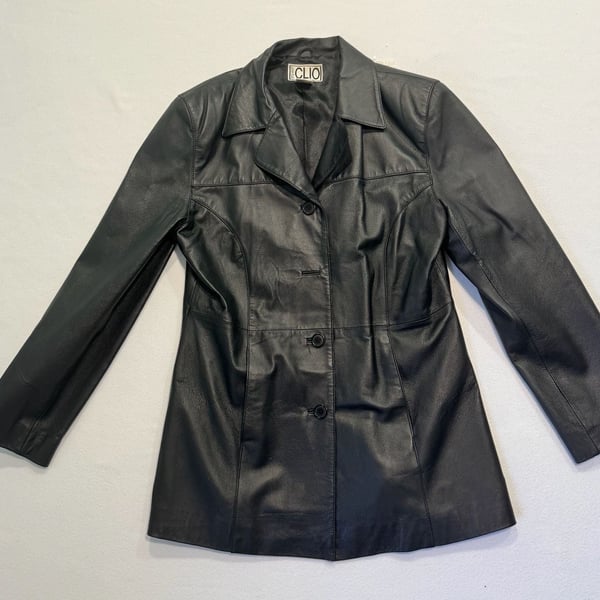 Vintage 90s Clio Leather Black Leather Blazer Jacket Women’s Size 14 Longline