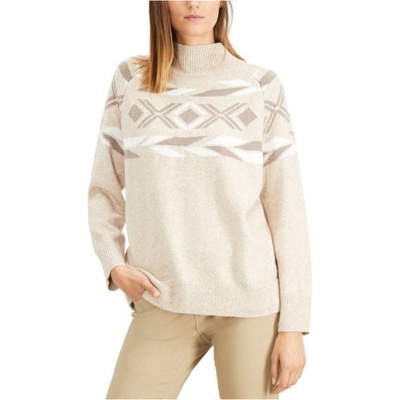 Tan Mock Neck Sweater Fair Isle Pattern XL 4