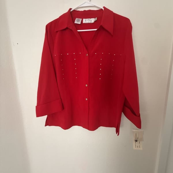 Cathy Cee Stretch Blouse Size L Red Rhinestone Embellished Button Front