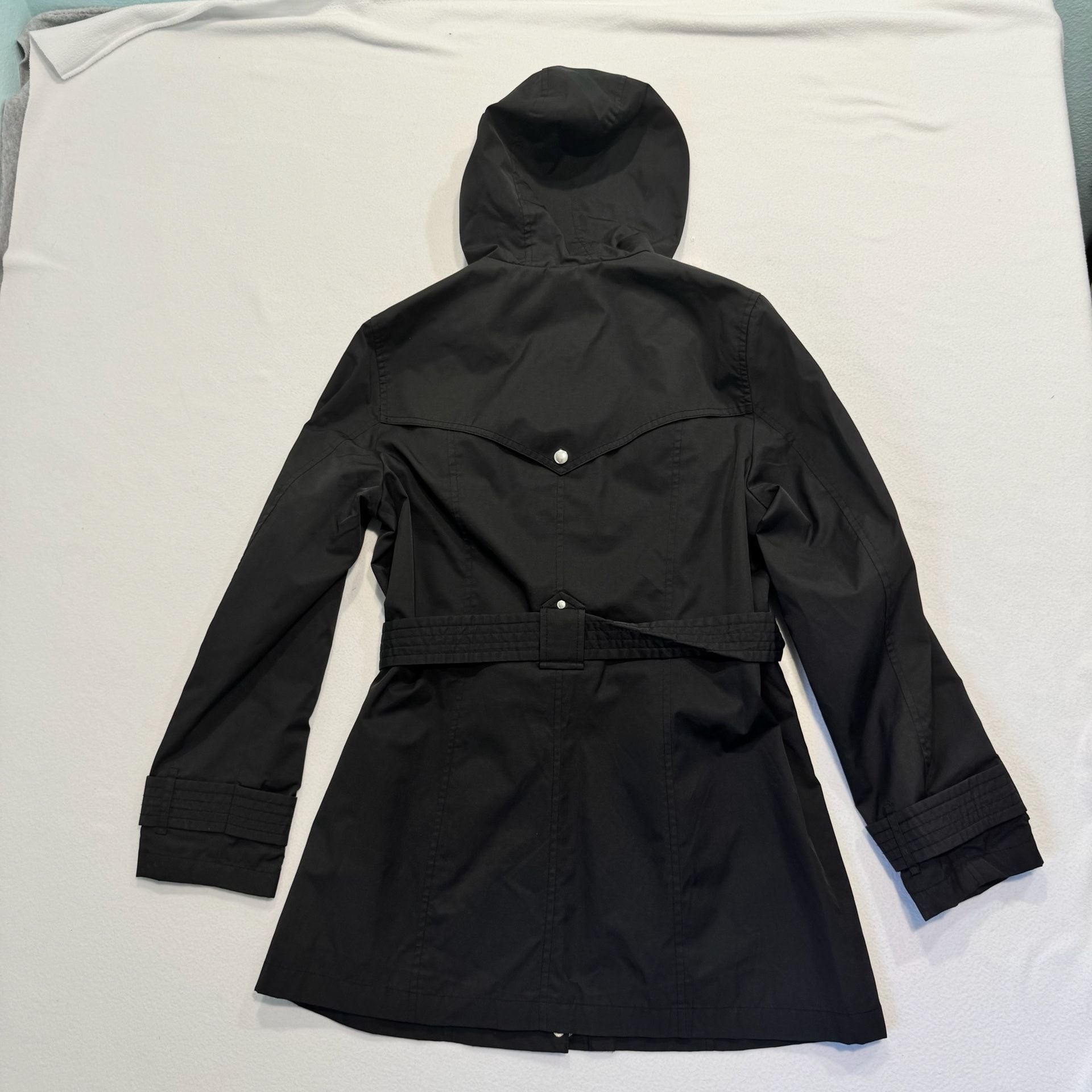 Platinum Utex Hooded Trench Coat Size M Black Belted Jacket 7
