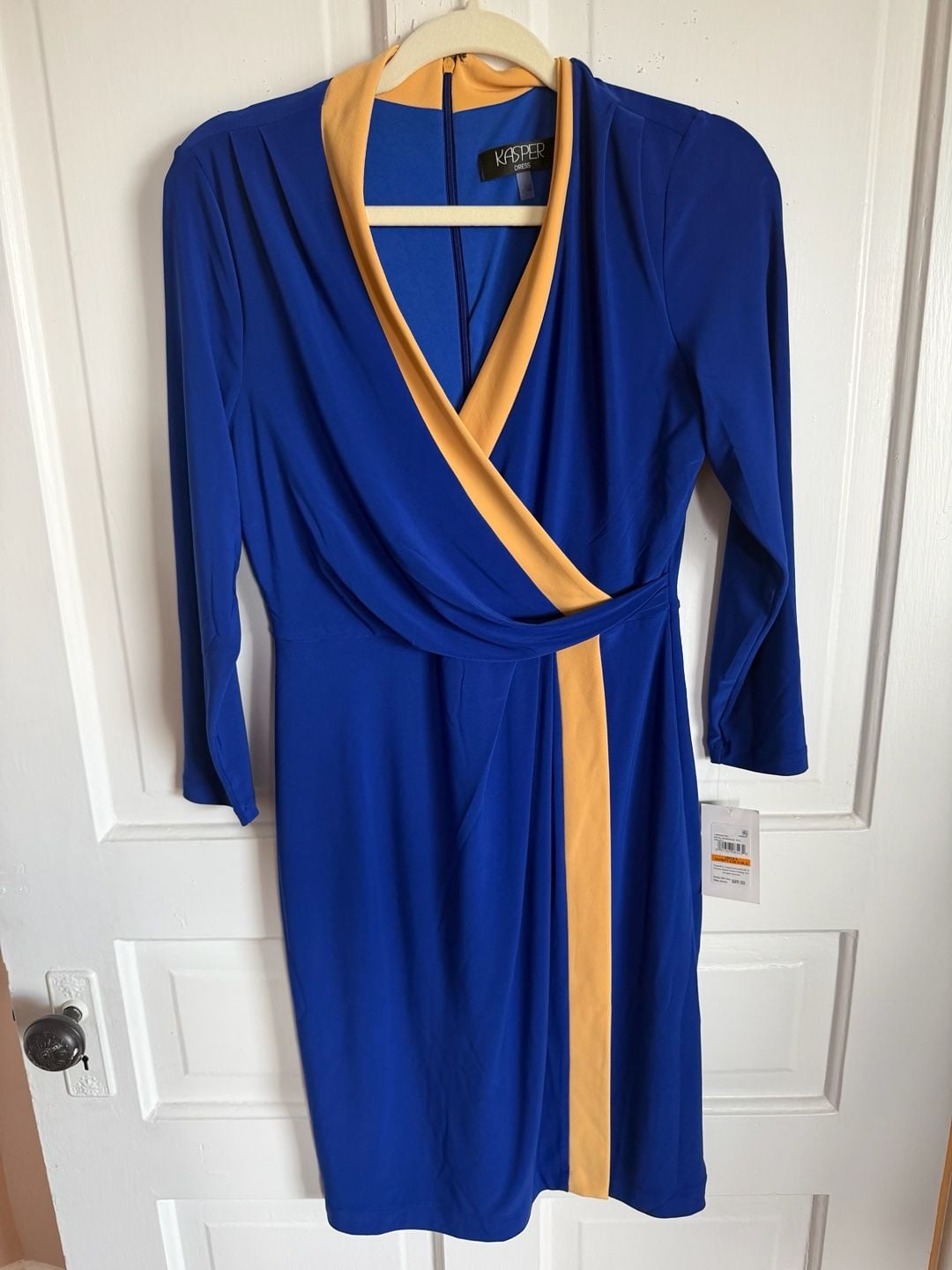 Kasper Colorblocked Faux-Wrap Sheath Dress Size S Royal Blue Gold 2