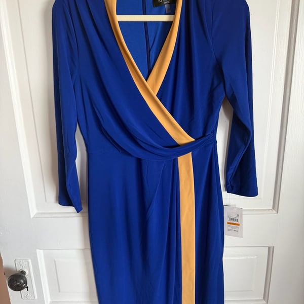 Kasper Colorblocked Faux-Wrap Sheath Dress Size S Royal Blue Gold