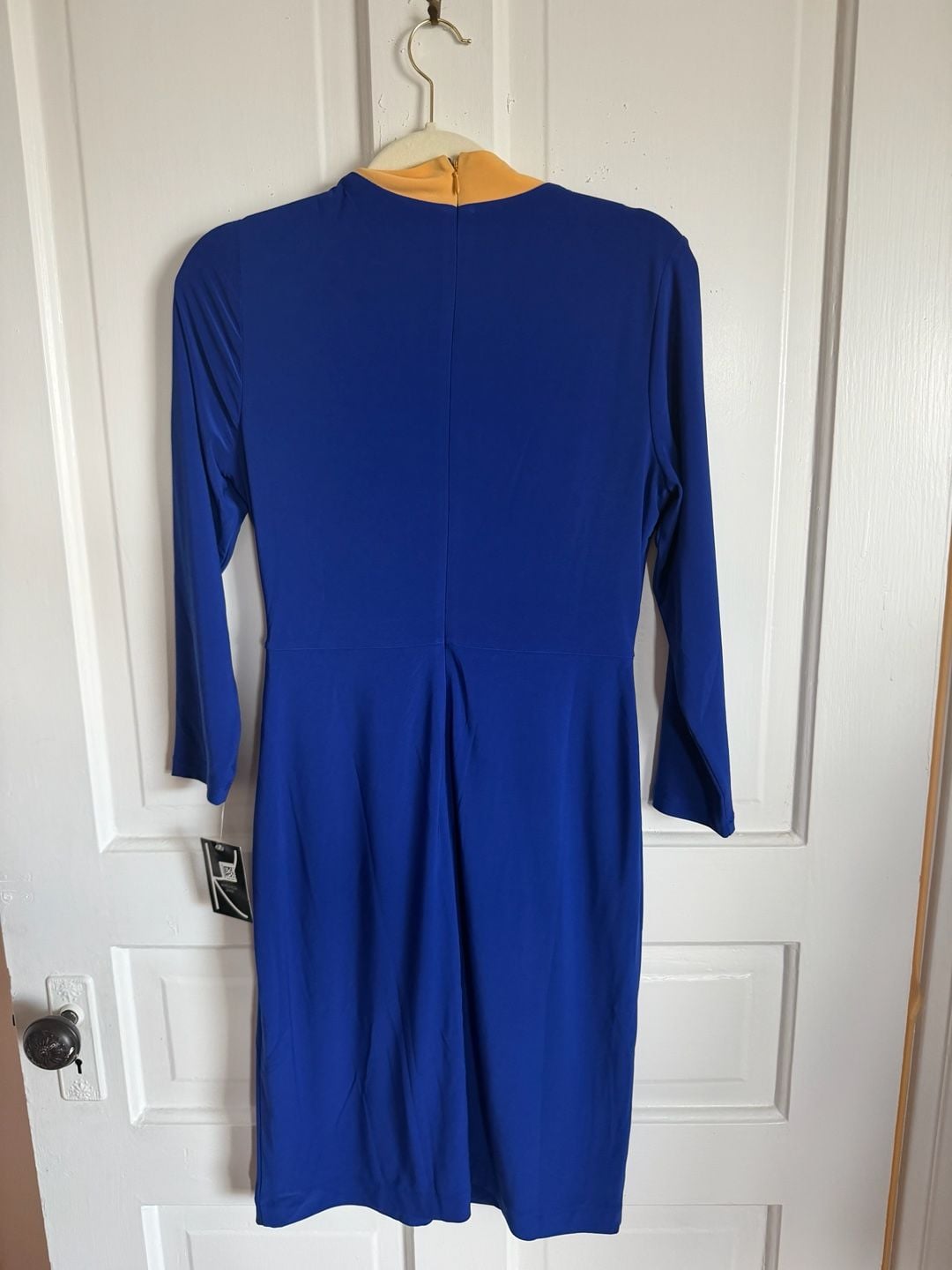 Kasper Colorblocked Faux-Wrap Sheath Dress Size S Royal Blue Gold 3