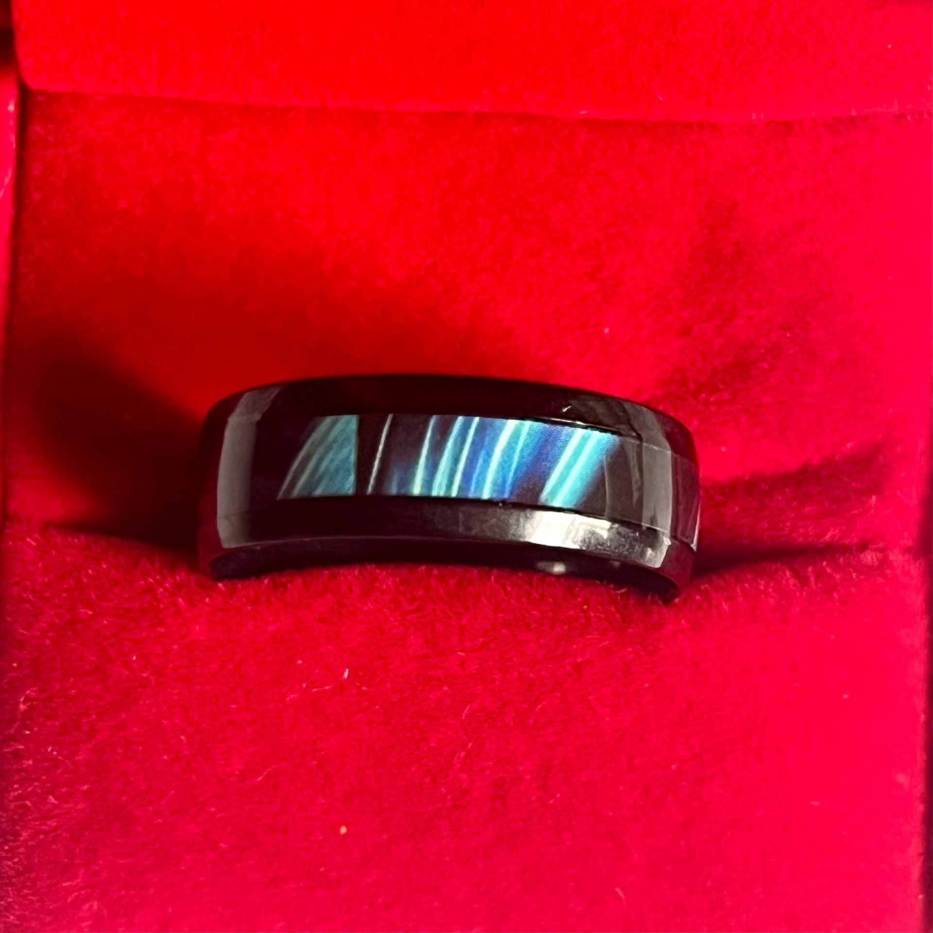 Tungsten Blue Abalone Shell Inlay Ring Black Brushed 6mm Band Size 13 2